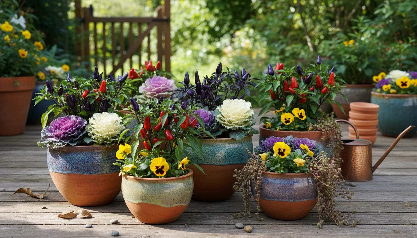 Terracotta and ceramic pots on a wooden patio, displaying ornamental peppers, ornamental kale, yellow pansies, and trailing sedum.