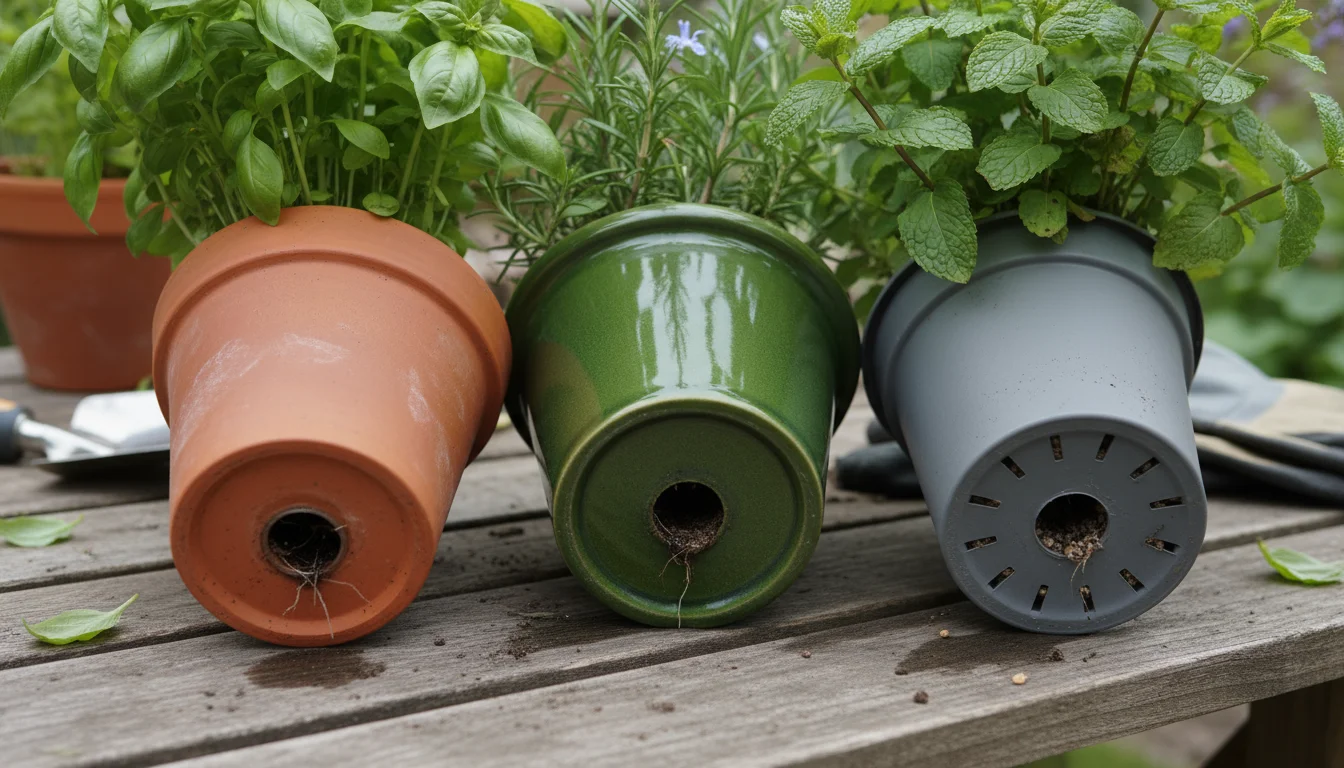 Close-up of terracotta, glazed ceramic, and plastic pots, each holding herbs, with visible drainage holes and saucers on a wooden bench.