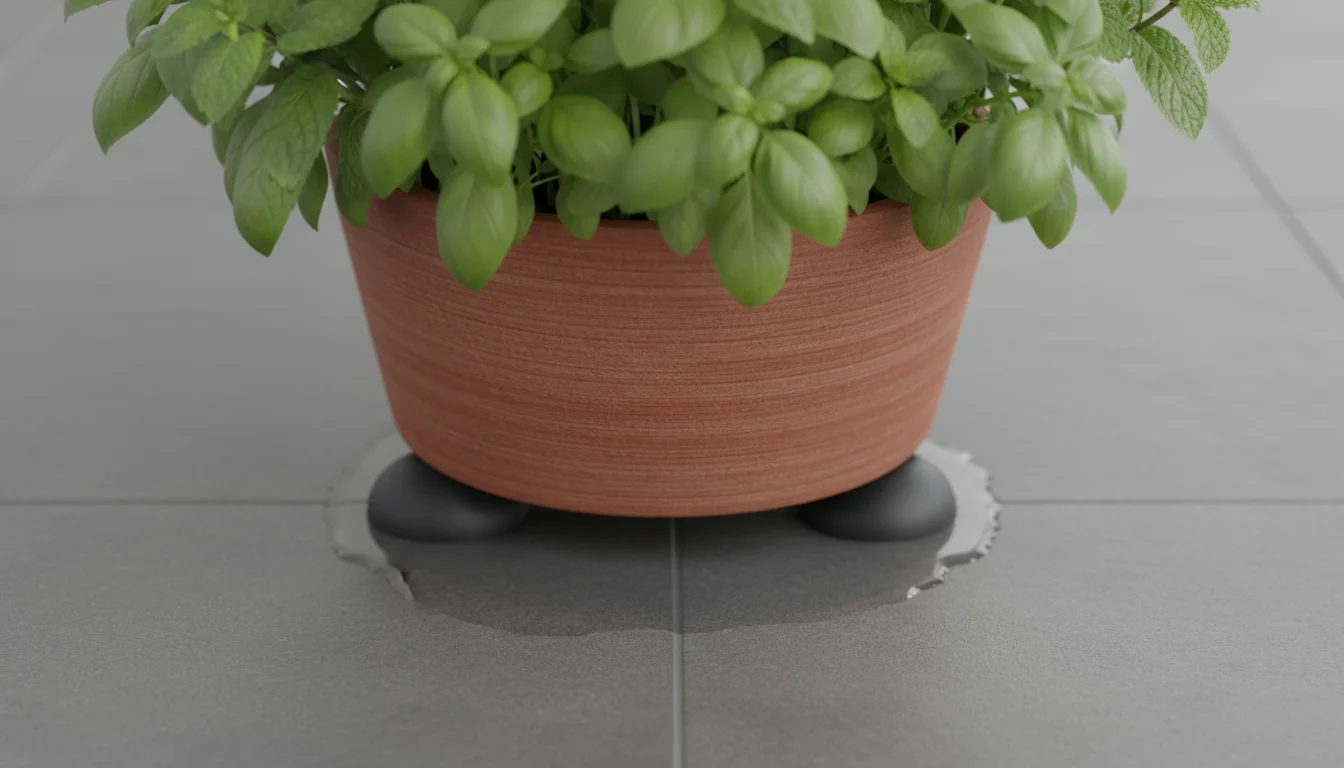 Close-up of a terracotta herb pot on a dark balcony tile, elevated by discreet pot feet, showing an air gap and effective drainage.