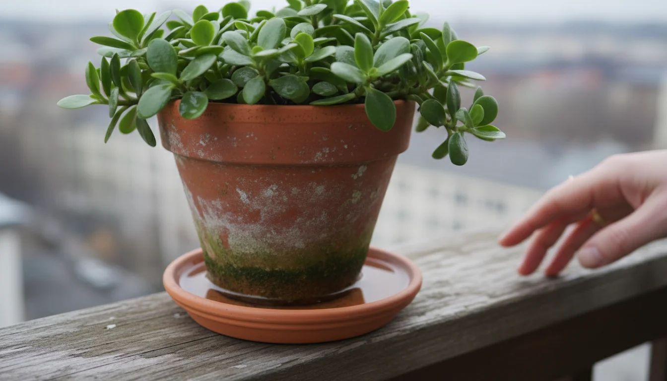 A close-up of a terracotta plant pot on a balcony railing, with a puddle of water in its saucer. A hand reaches to empty it.
