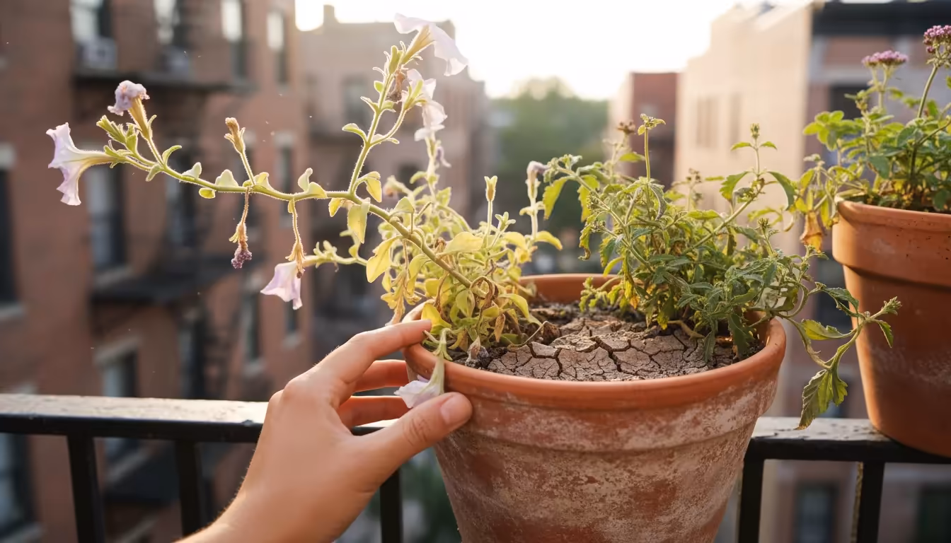 A close-up of a terracotta planter on a balcony railing in mid-July, with wilting petunias and verbena, and a hand gently touching a drooping leaf.