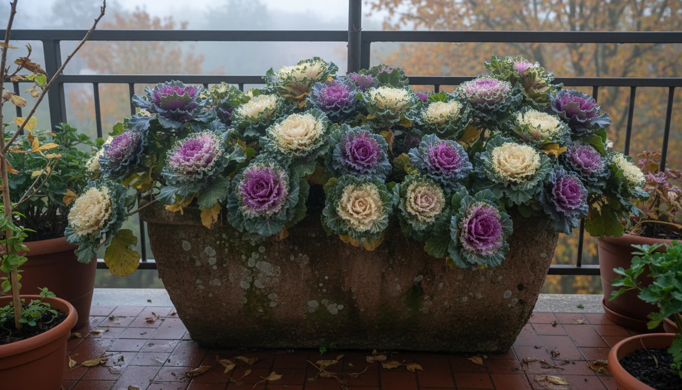 Terracotta planter on a shaded balcony, filled with ornamental kale and cabbage plants showing vibrant pink, purple, and white centers.