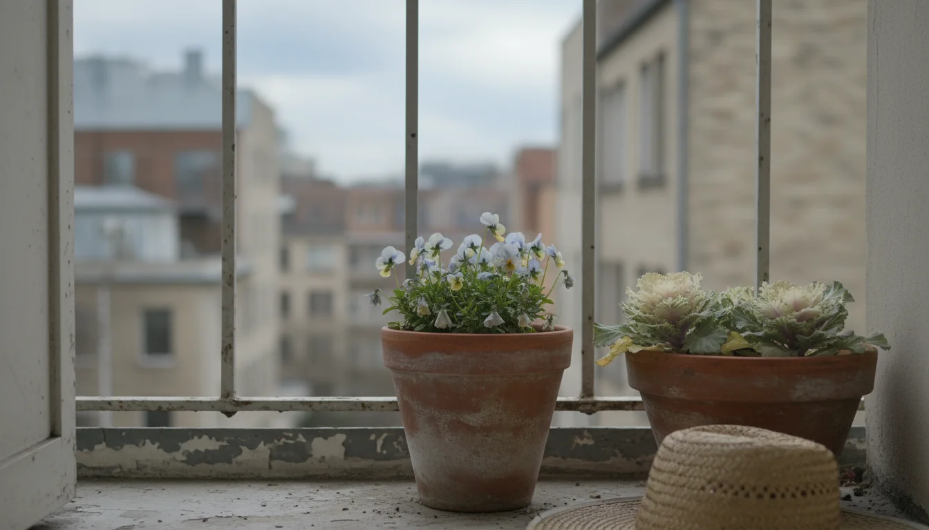A terracotta pot on a balcony displays pansies with sparse, pale blooms and ornamental kale with faded, dull green leaves.