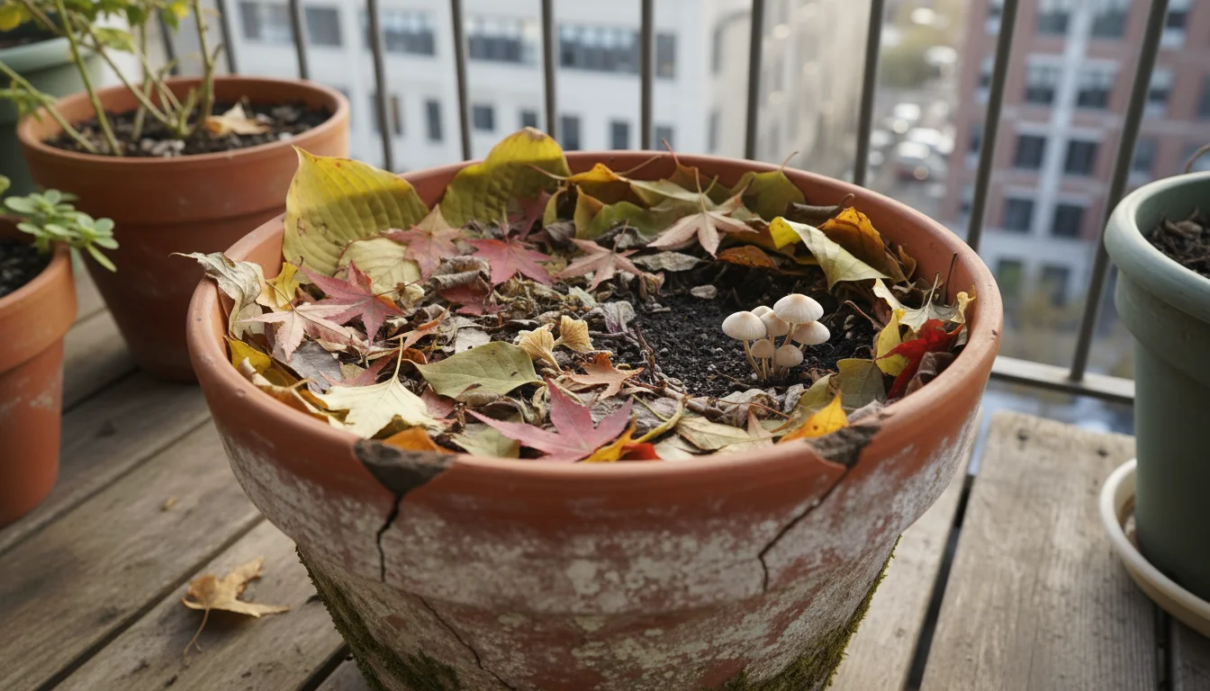 A terracotta pot on a balcony filled with decomposing autumn leaves. A segment of an earthworm is visible in the dark soil beneath the leaves.