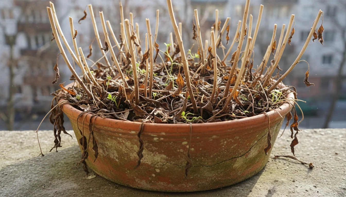 Eye-level shot of a terracotta pot on a balcony, filled with dried plant stems and leaf litter providing winter shelter.