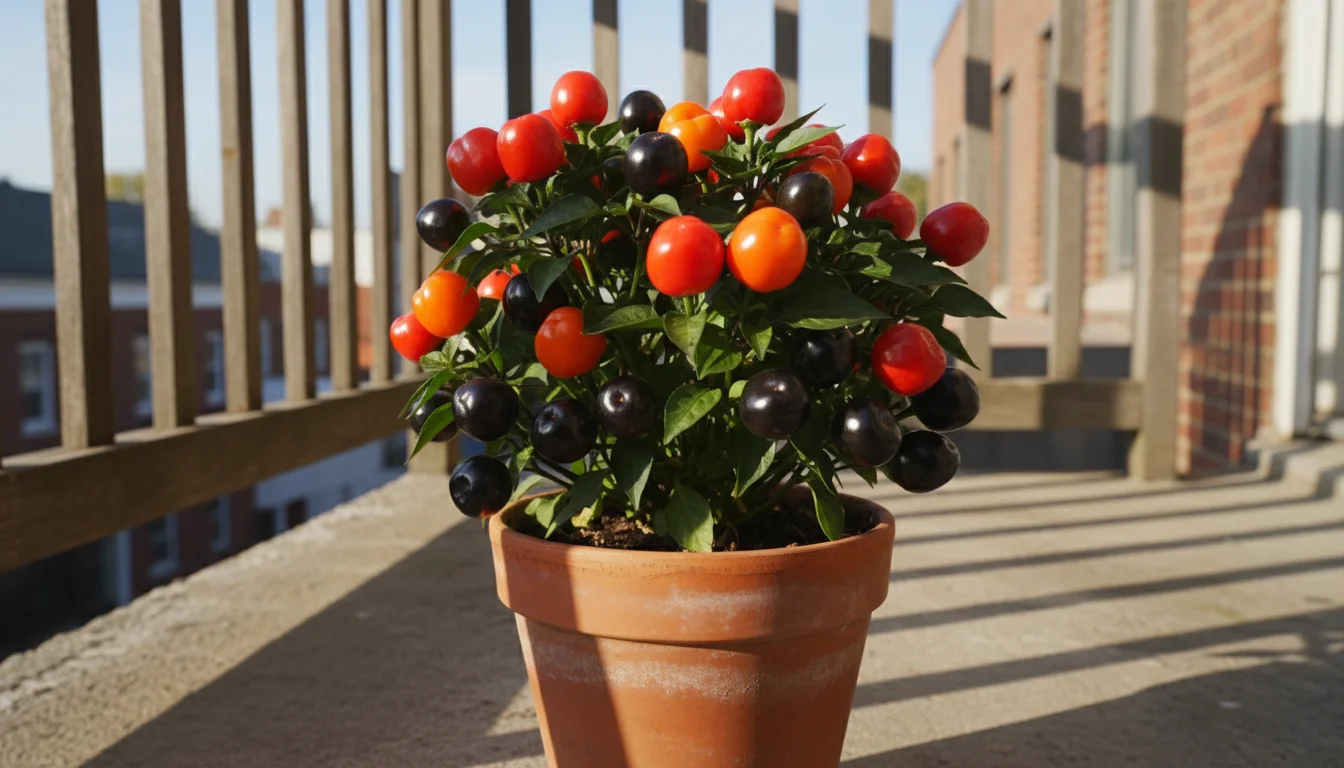 A terracotta pot on a balcony holds an ornamental pepper plant with purple, black, red, and orange fruits.