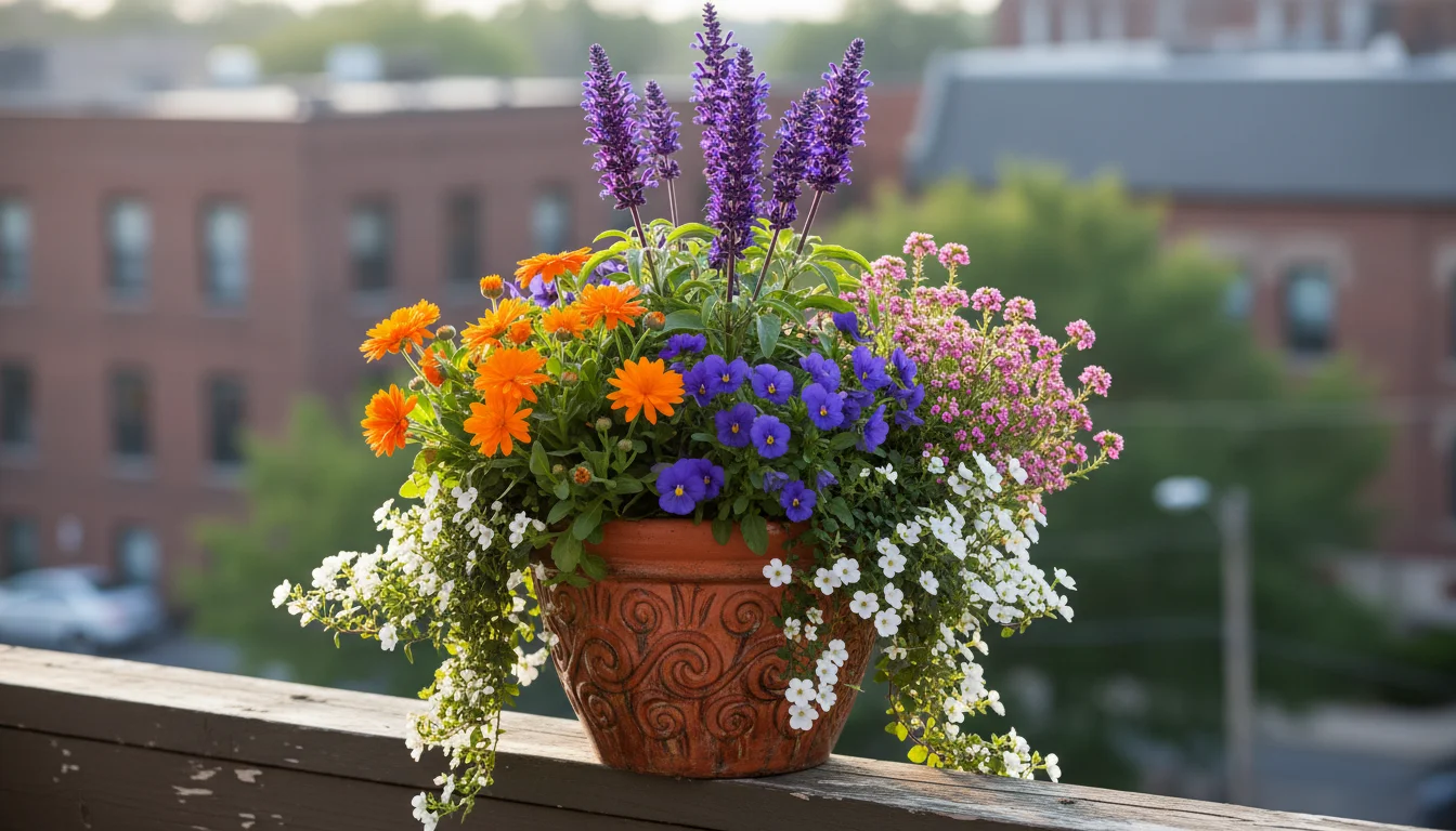 A terracotta pot on a balcony railing, brimming with purple salvia, orange calendula, blue violas, and white bacopa.