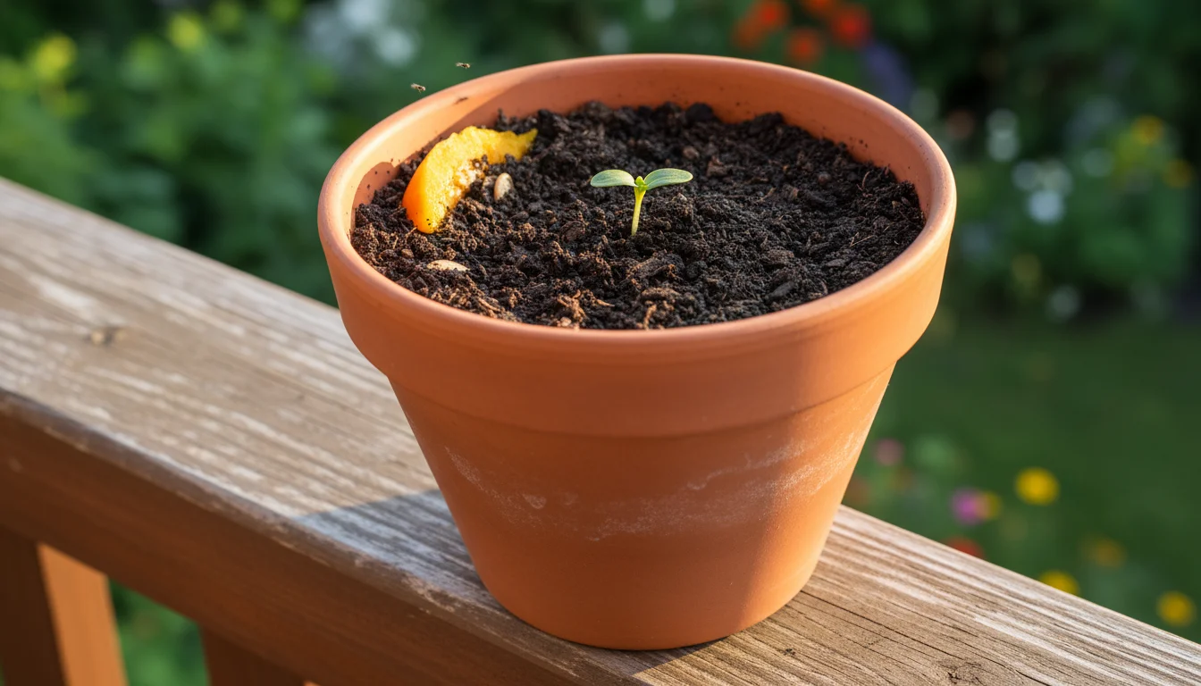 Terracotta pot on a balcony railing, functioning as a mini-compost with soil covering pumpkin scraps. A small trowel sits on top.