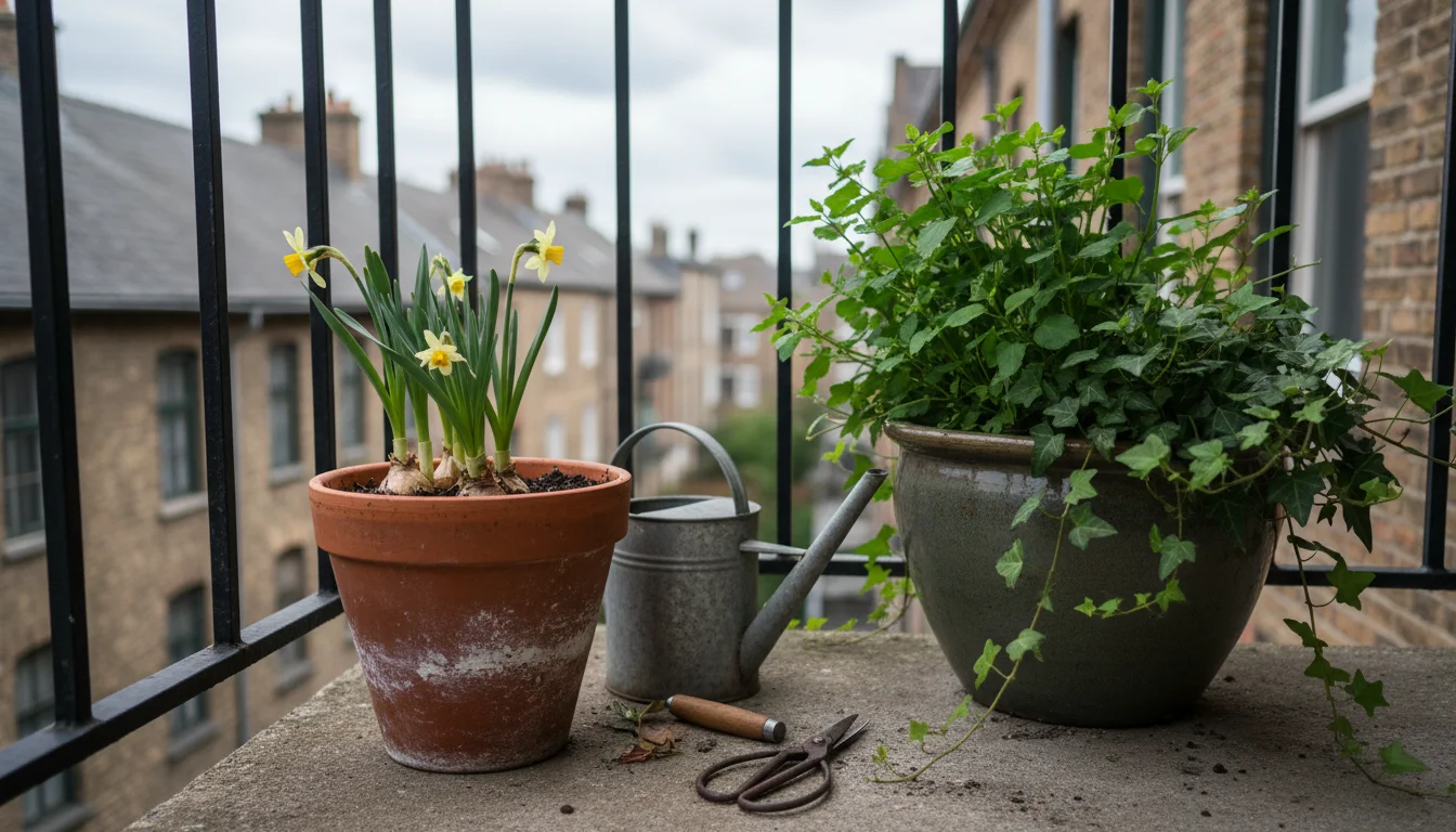 Terracotta pot on balcony with small, pale daffodil blooms, leggy foliage, struggling in shade. Healthy plant, watering can, fertilizer bottle nearby.