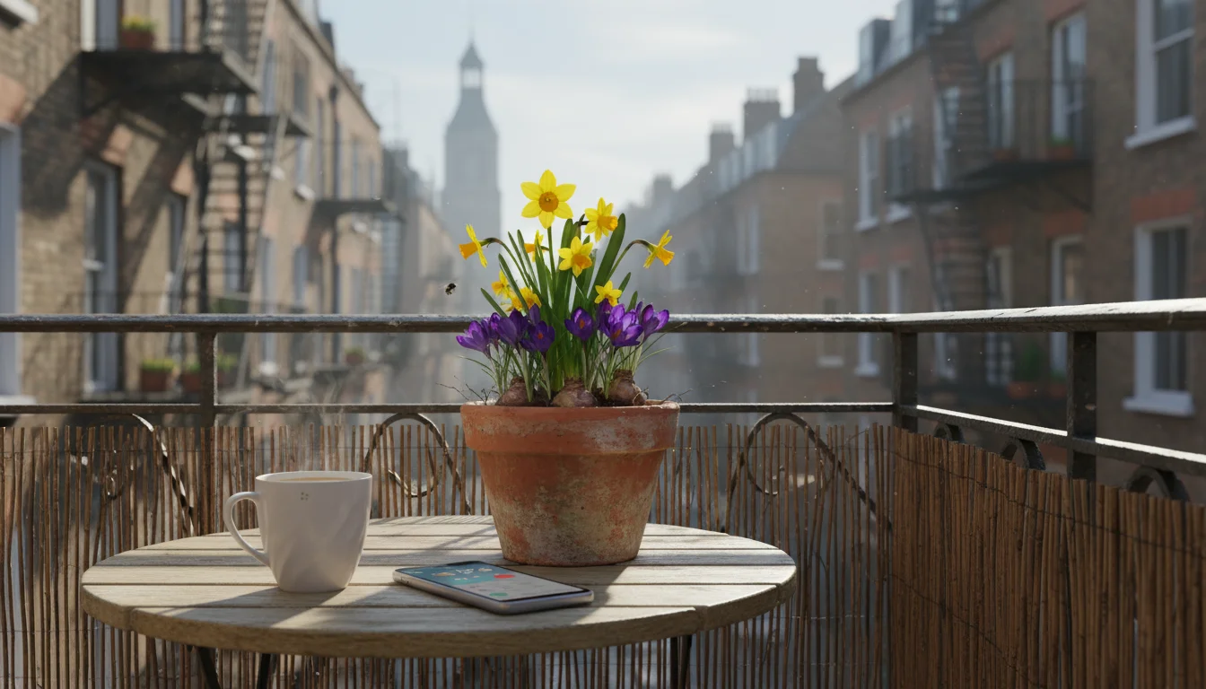 A terracotta pot on a balcony table holds blooming yellow daffodils and purple crocuses. A smartphone next to it shows a gardening website.