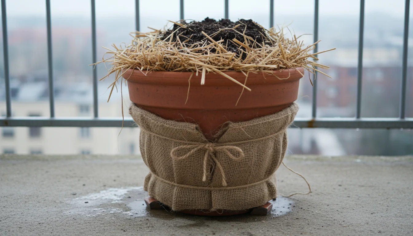Terracotta pot on a balcony, wrapped in burlap, with thick straw mulch, elevated on pot feet, under an overcast sky.