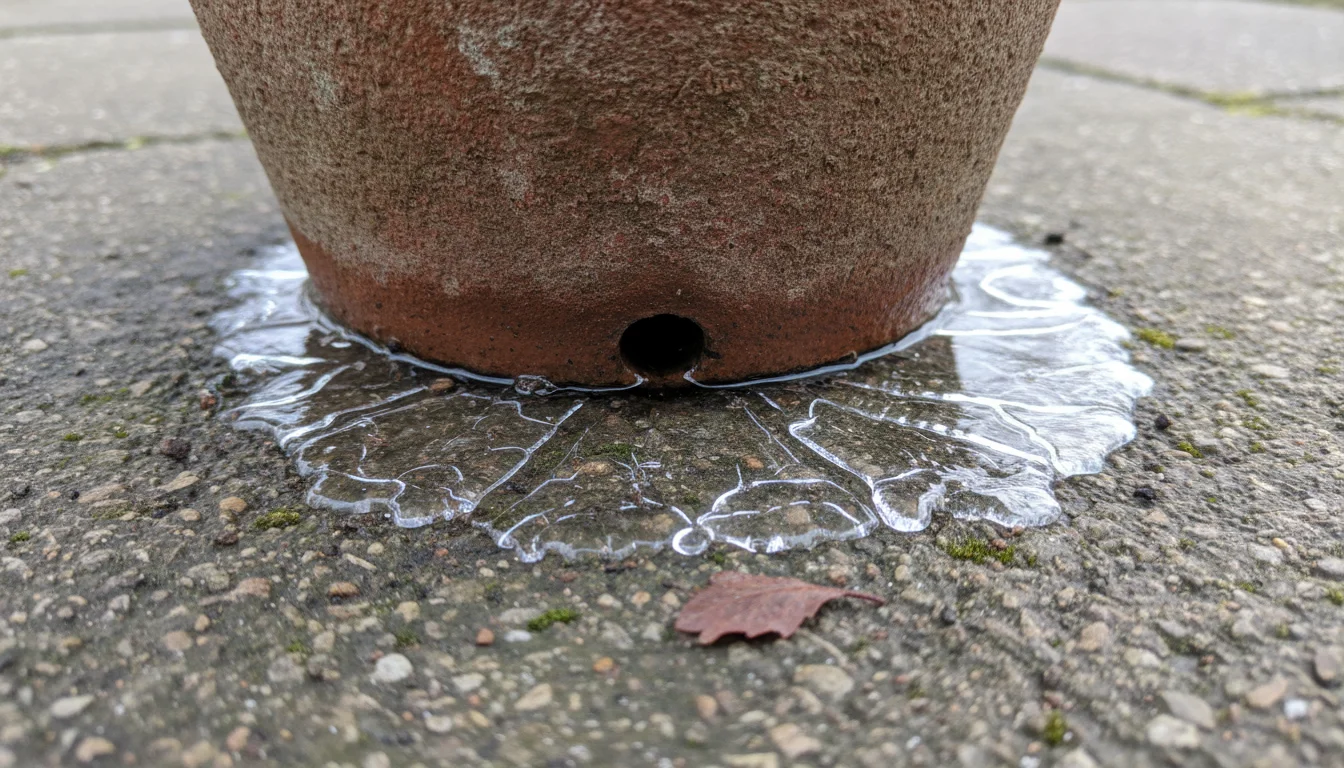 Close-up of terracotta pot's base on concrete patio. Water pools around drainage hole with small ice patch and debris, plant looks stressed.