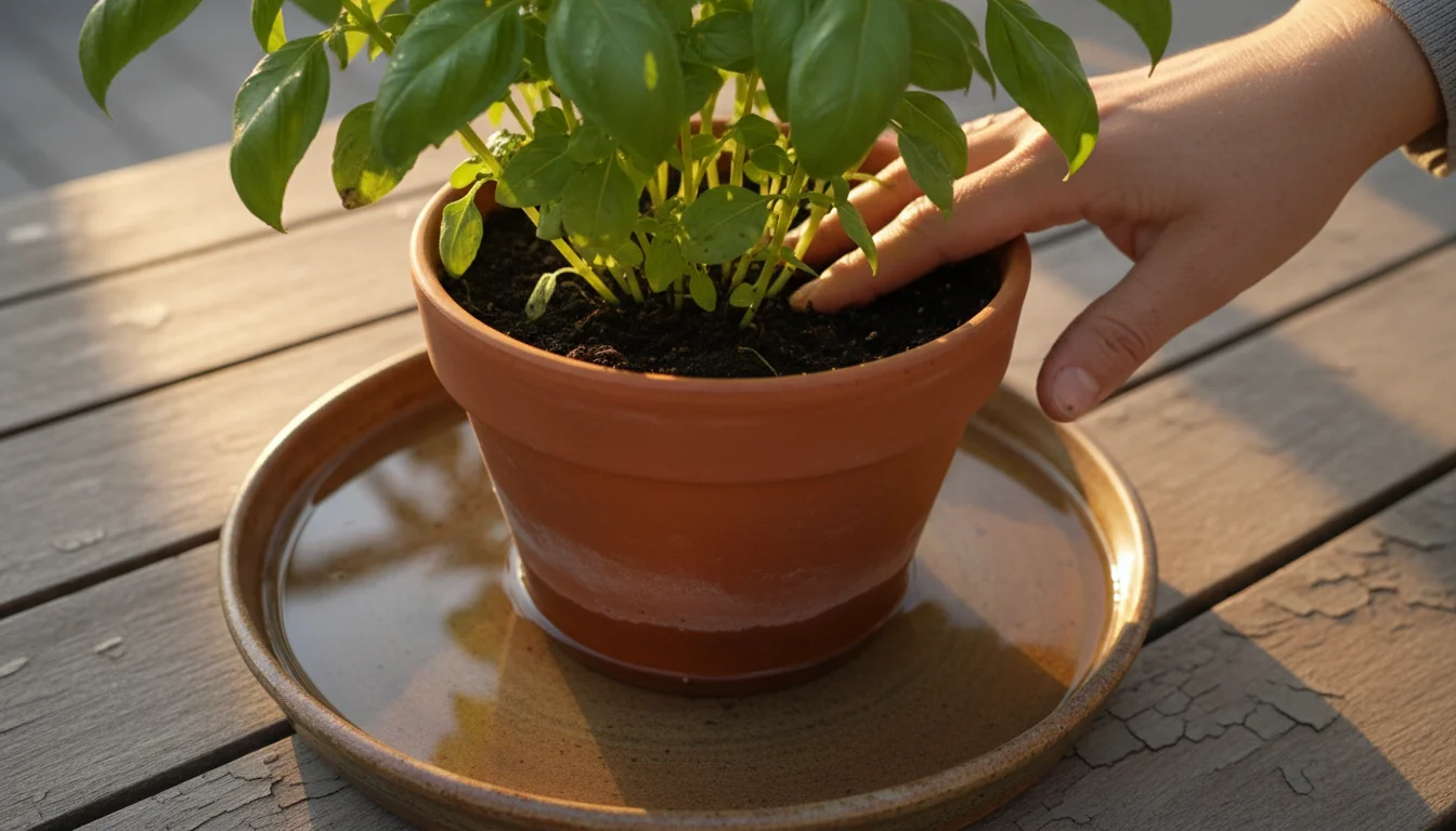 A terracotta pot with basil bottom watering in a ceramic tray on a wooden table, a hand checking the soil moisture.
