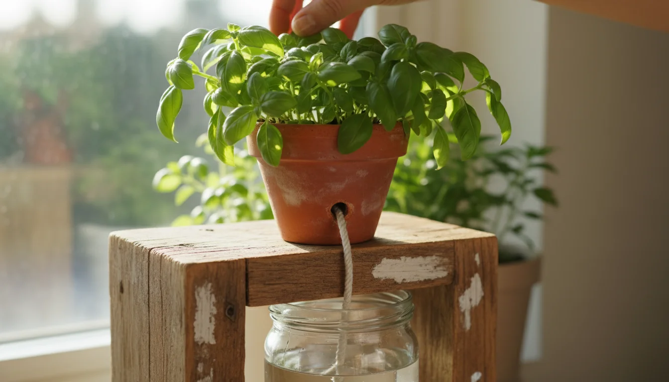 Close-up of a terracotta pot with basil on a wooden block, a nylon wick connecting it to a clear glass water reservoir below, on a sunny urban balcony