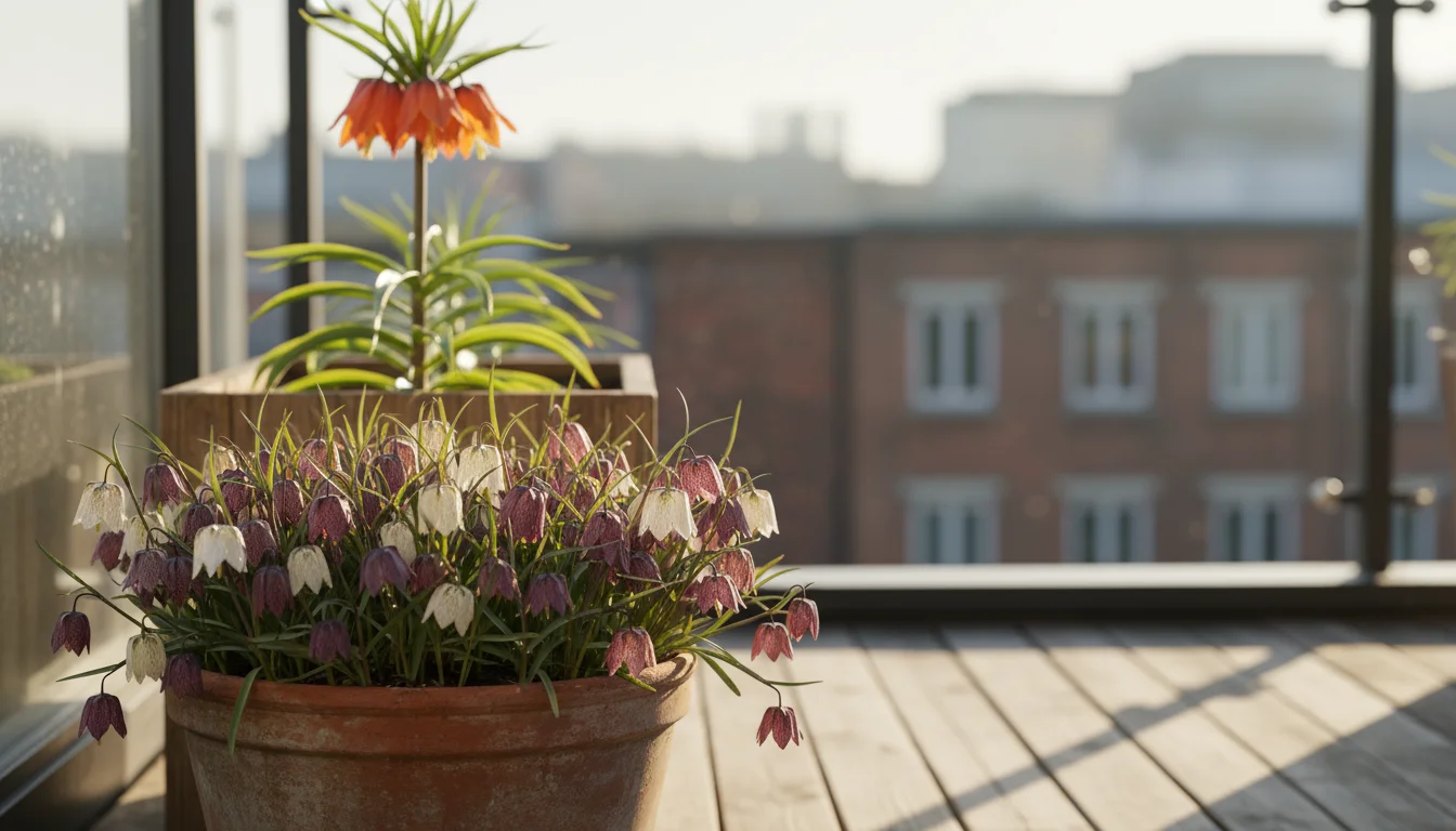 Terracotta pot with blooming purple and white checkered lilies on an urban balcony. A tall orange Crown Imperial fritillaria stands in the soft backgr