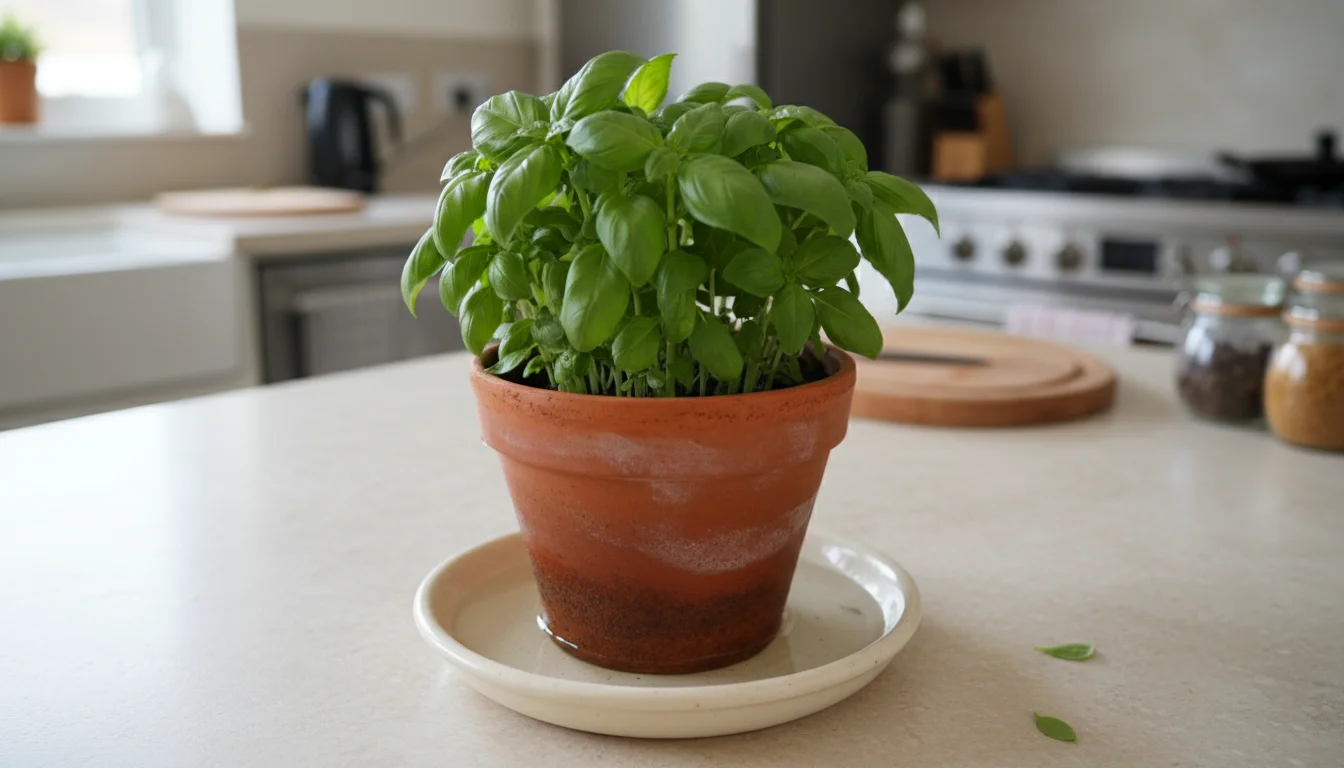 Terracotta pot with bushy basil plant sitting in a saucer of water on a kitchen counter, absorbing moisture.