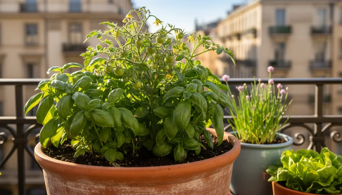 Terracotta pot with a compact tomato plant and basil growing together on a sunny balcony, with another pot of chives and lettuce in the background.