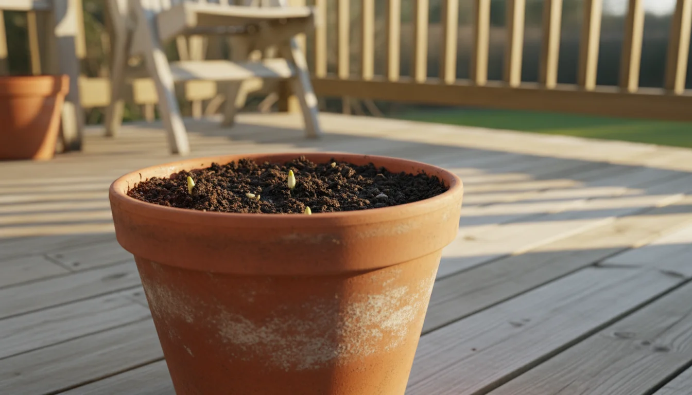 Terracotta pot with dark soil and tiny green shoots on a sunlit wooden deck, framed by blurred outdoor furniture and railing.