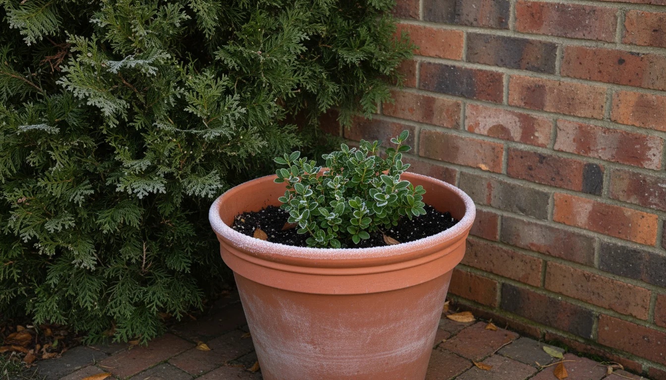 A terracotta pot with dormant bulbs rests against a brick house wall under an evergreen shrub, lightly frosted, symbolizing winter chilling.