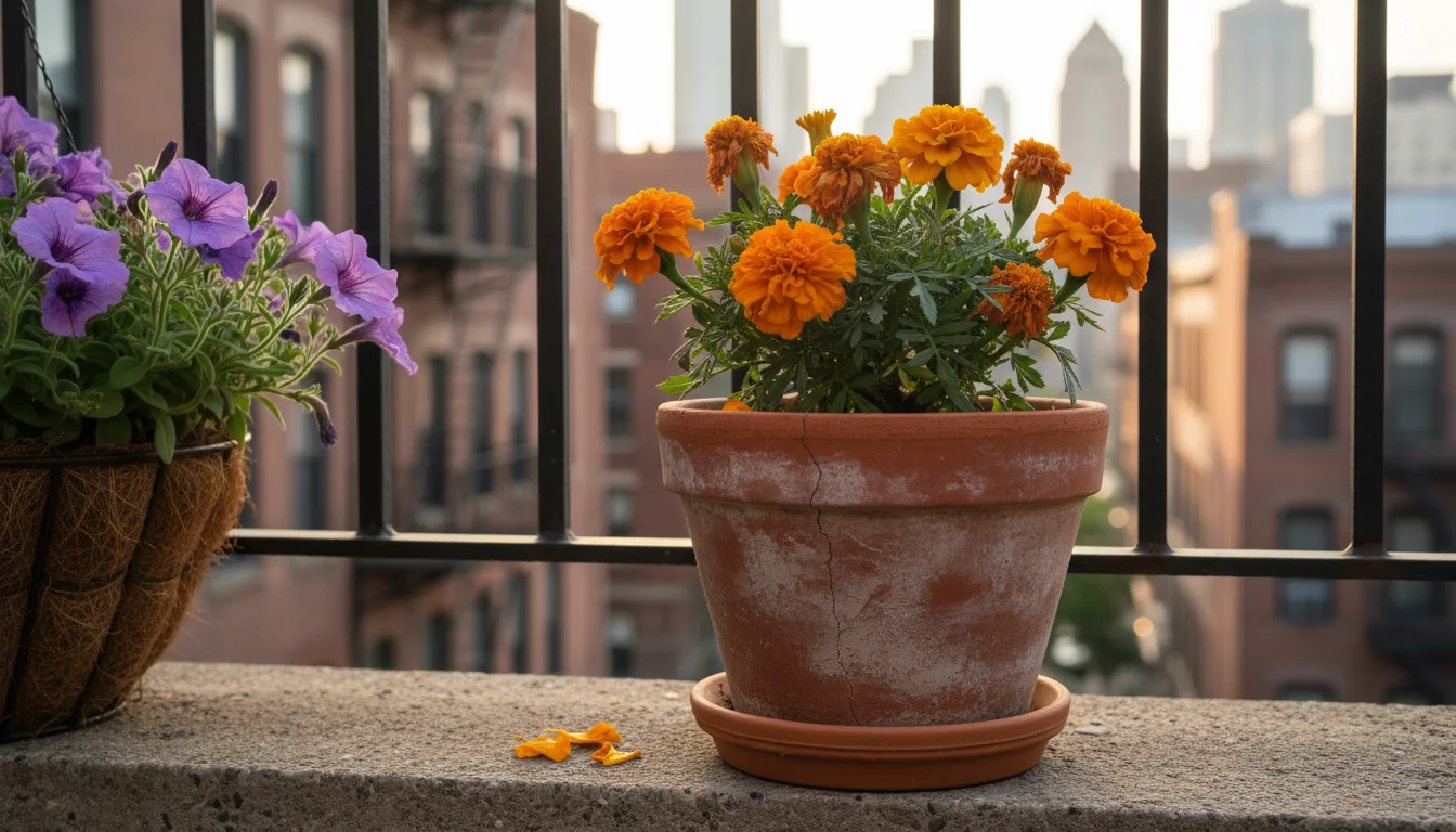 Terracotta pot of slightly fading orange and yellow marigolds on an urban balcony, with purple petunias visible in the background.