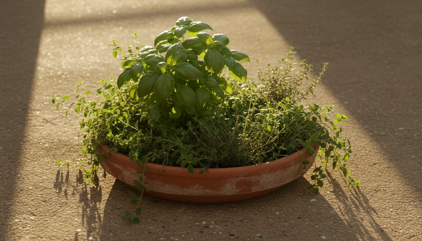 A terracotta pot filled with lush basil, oregano, and thyme basking in bright late afternoon sunlight on a patio, casting long shadows.