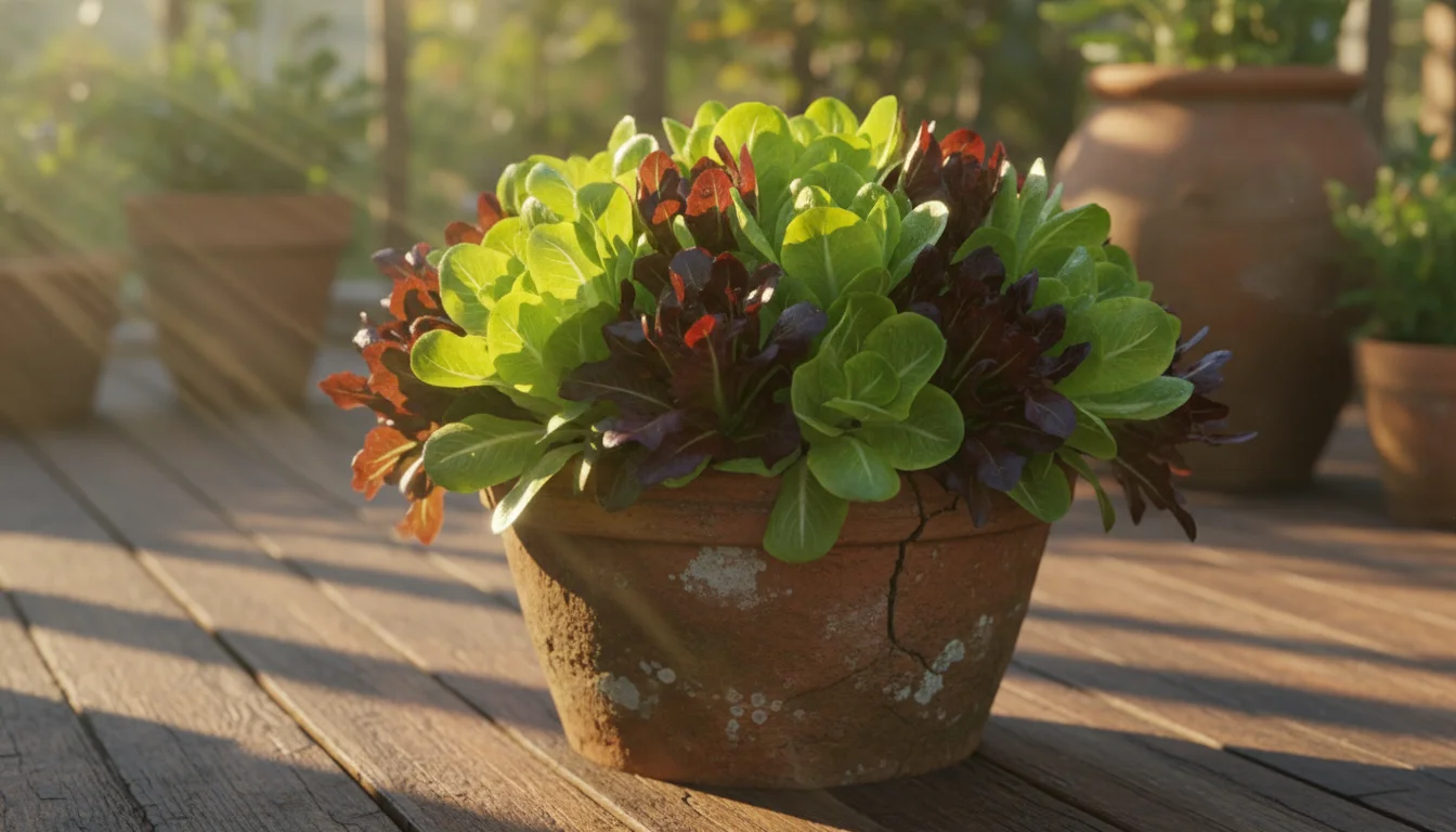 A terracotta pot filled with mixed green and red lettuces sits on a wooden patio table, bathed in gentle late afternoon autumn sun.