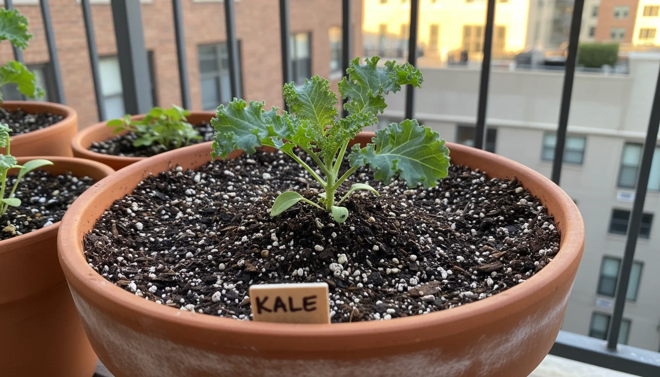 Terracotta pot filled with well-draining potting mix and perlite, with a young kale seedling ready for planting on a balcony.