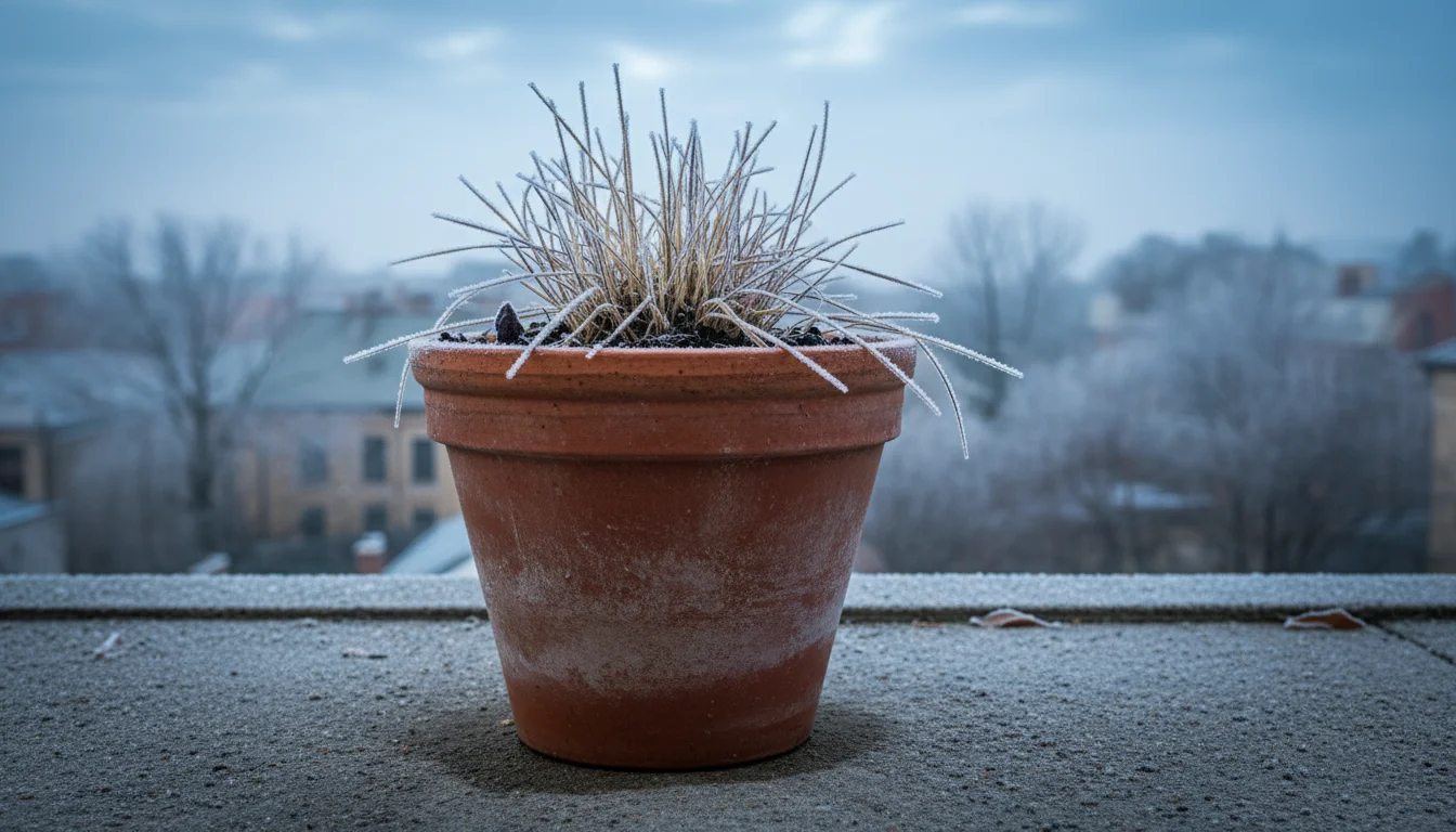 Terracotta pot with a frost-dusted plant on an urban balcony, showing vulnerability to cold.