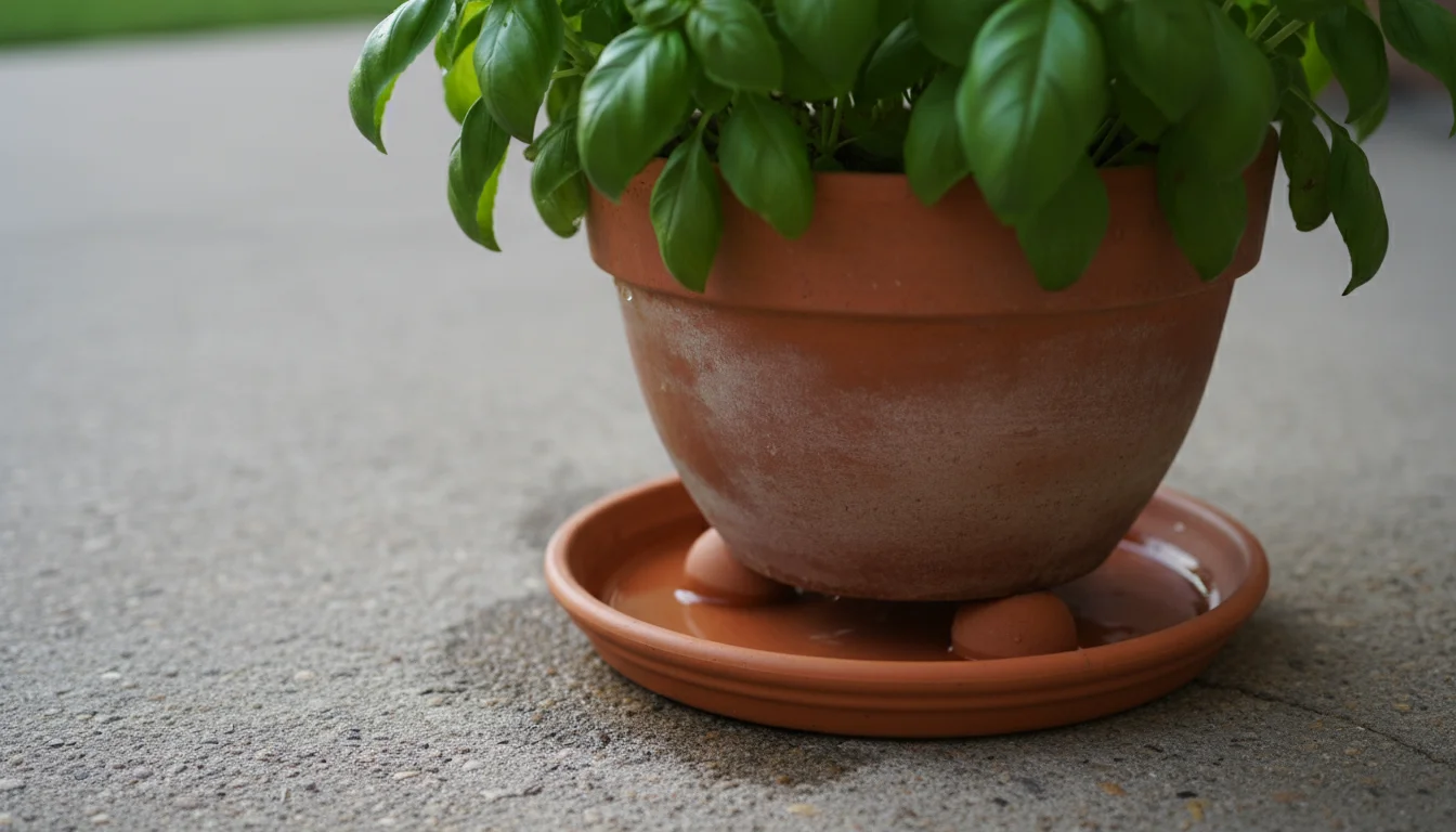 Terracotta pot with a green basil plant sits elevated on small pot feet within a matching saucer on a concrete patio, showing water collection.