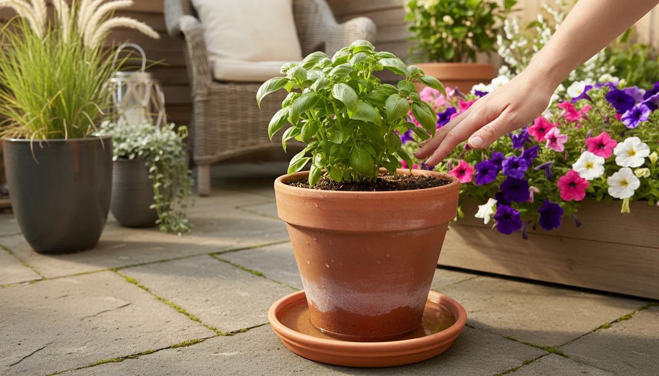 A terracotta pot with a green herb soaks in a water-filled saucer on a patio, demonstrating bottom-up watering for dry soil. A hand checks the dampnes