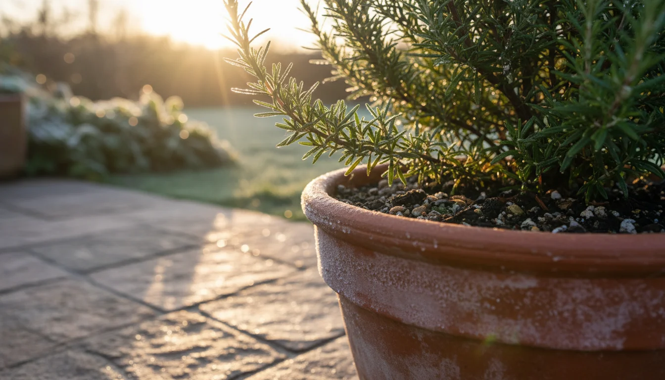 Close-up of a terracotta pot with healthy rosemary, showing delicate frost crystals forming on the pot's exterior and soil in early morning sun.