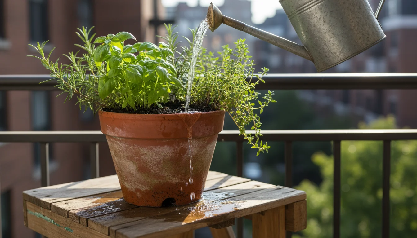 Terracotta pot with herbs, water draining from bottom, on a small balcony, with a watering can. Focus on deep watering.