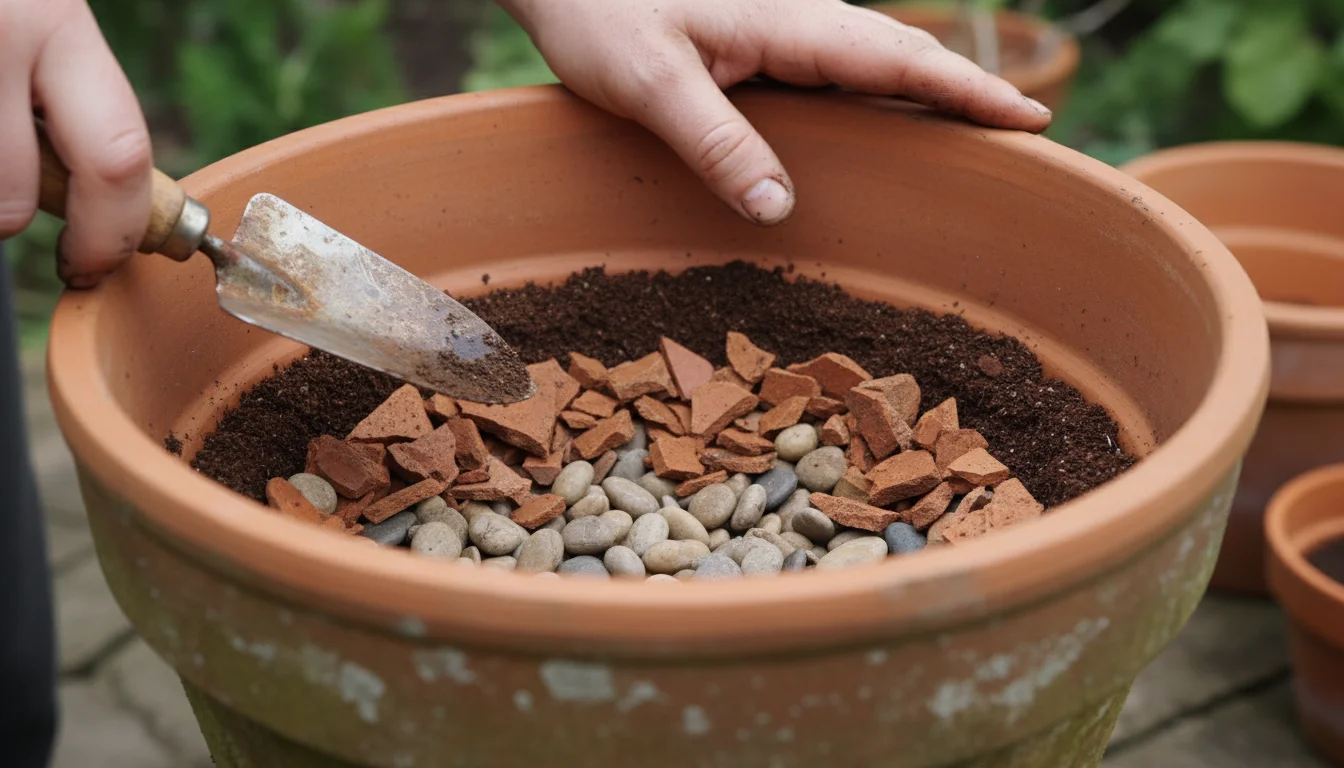 Close-up of a terracotta pot's interior, showing a distinct layer of broken pottery and gravel below potting mix. A gardener's hand holds a trowel, pa