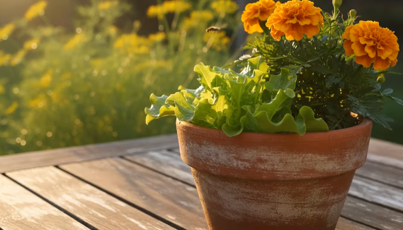 Close-up of a terracotta pot with lettuce and marigolds on a patio table, with flowering dill in the background attracting insects.