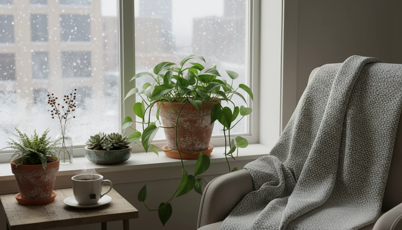 Terracotta pot with a lush green Pothos plant on an indoor window sill, showing a clear white mineral crust on its surface.