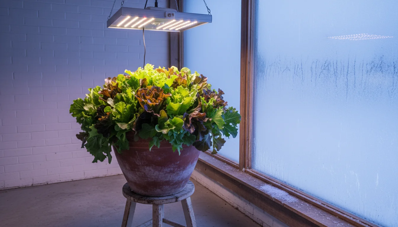 A terracotta pot of mixed lettuces thriving under an LED grow light next to a window in a sunroom.