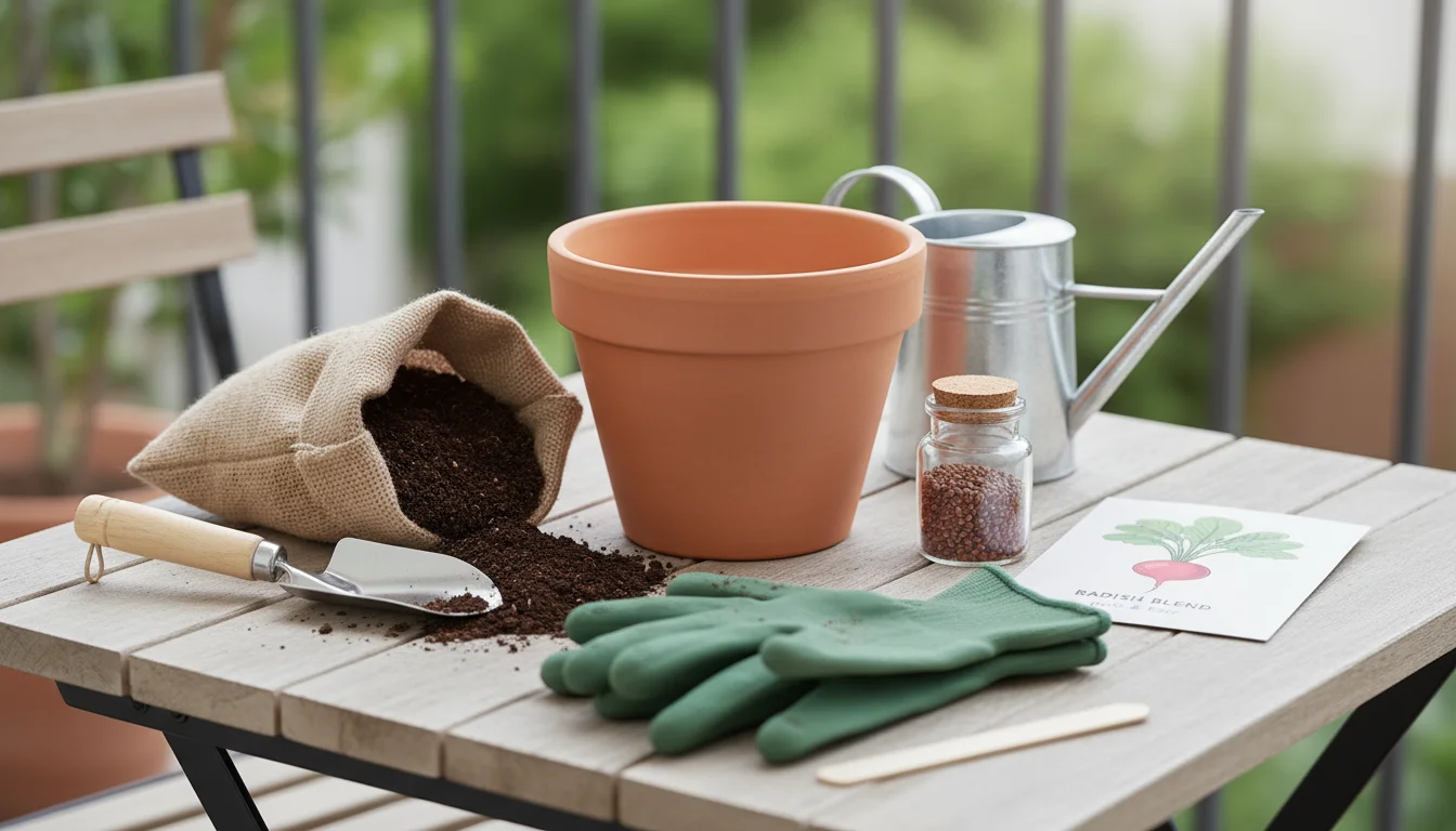 Terracotta pot, open bag of potting mix with a hand trowel, and a colorful radish seed packet neatly arranged on a weathered wooden balcony surface.