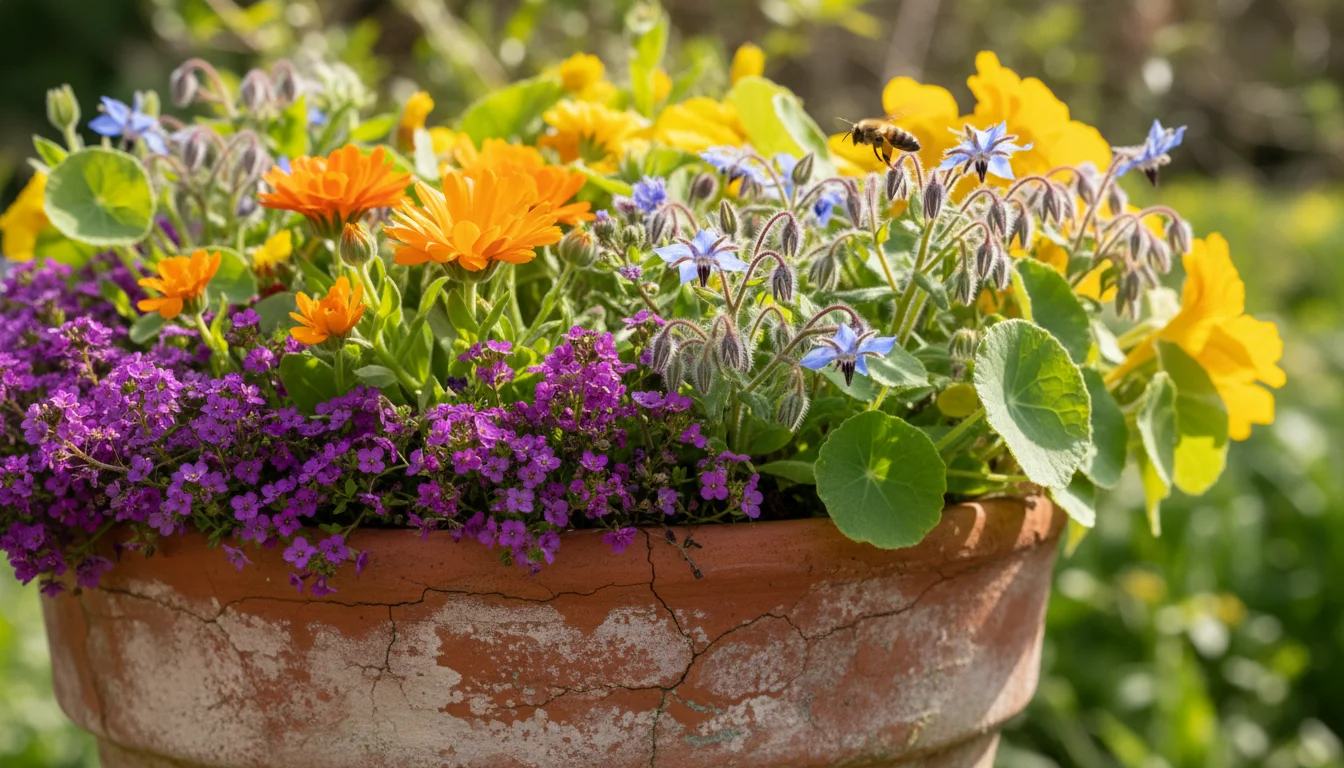 Eye-level close-up of a terracotta pot overflowing with a mix of vibrant spring flowers, including orange calendula and purple alyssum, with a blurred