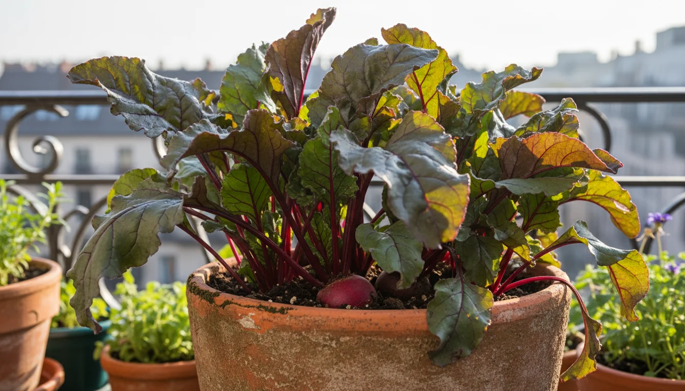 A terracotta pot overflows with vibrant, healthy beet greens on a sun-dappled balcony.