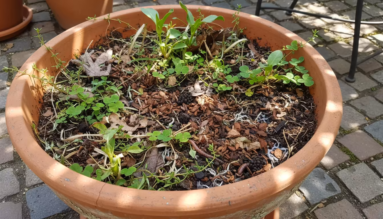 Close-up of a terracotta pot on a patio, showing diverse cover crops in various stages of growth and decomposition enriching dark soil, with compost a