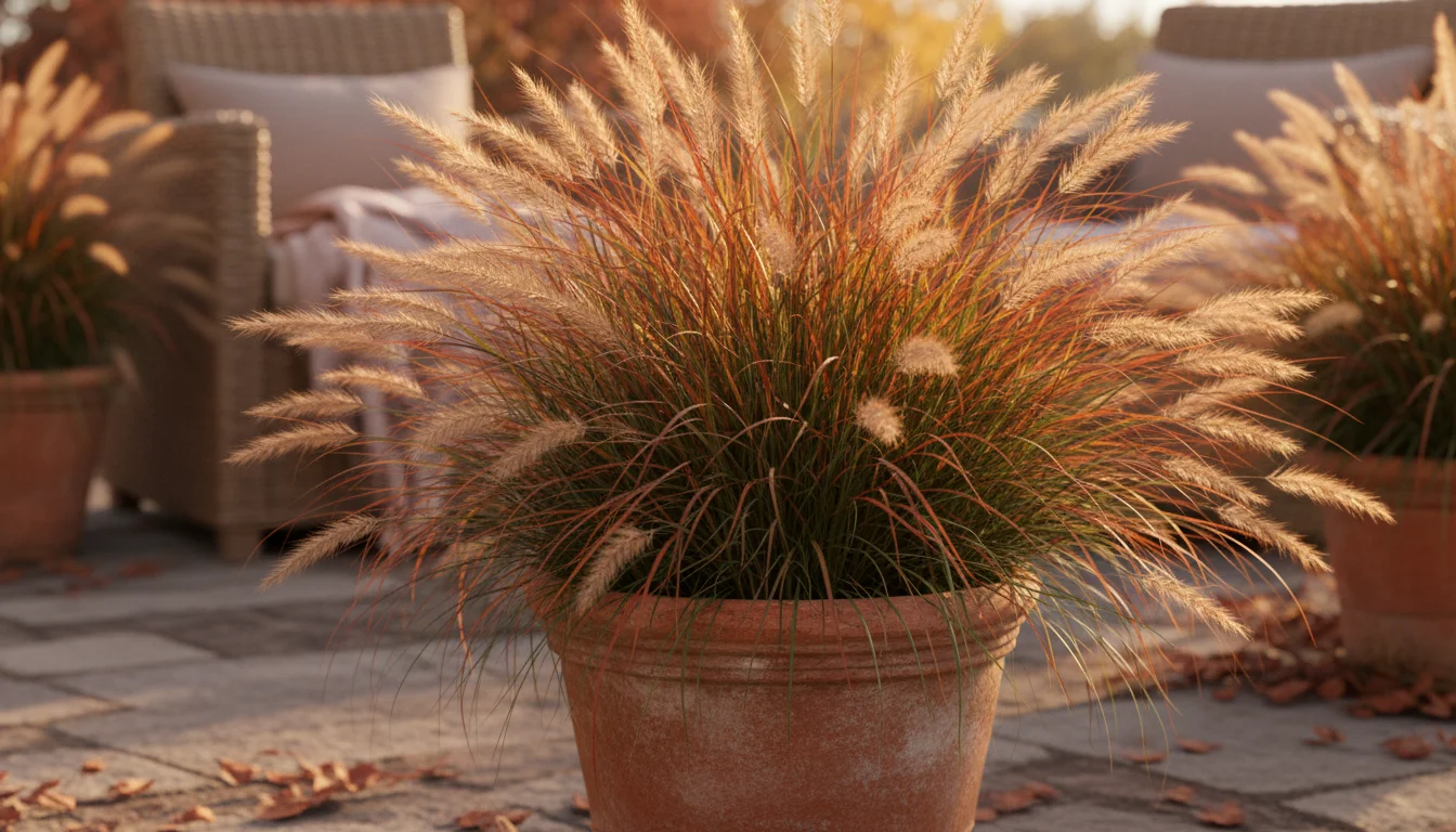 Terracotta pot on a patio filled with coppery-red switchgrass and feathery fountain grass, illuminated by soft autumn sunlight.