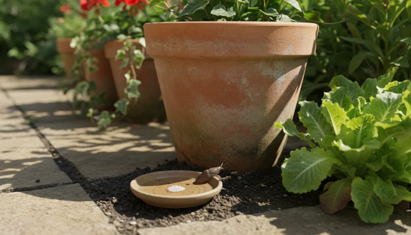 Eye-level view of a terracotta pot on a patio. A small dish with beer is sunk in the soil next to lettuce, with a slug nearing it.