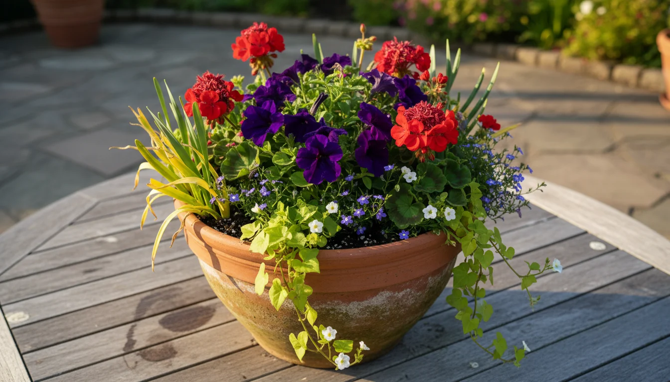 Terracotta pot on a patio table, showing fading spring bulb foliage among newly planted, vibrant purple and orange summer annuals.