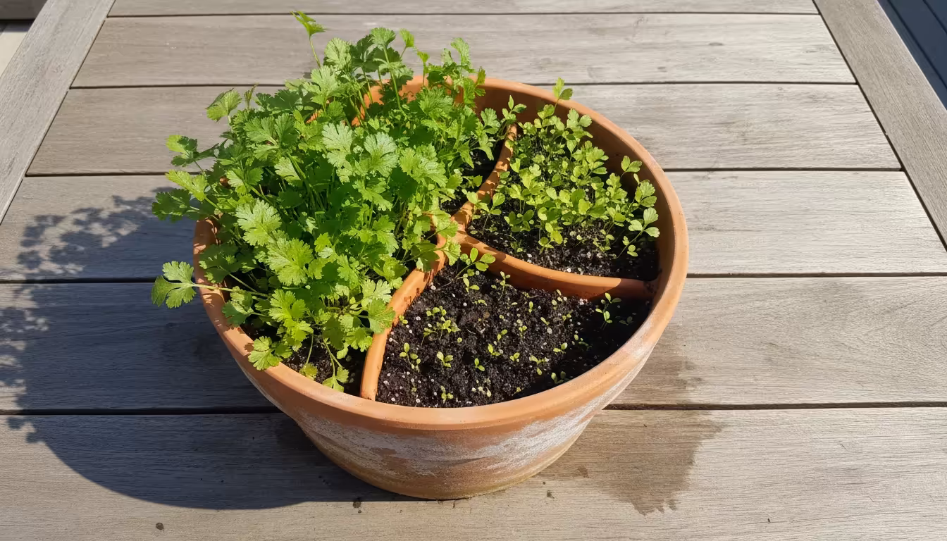 Overhead view of a terracotta pot on a patio table, showing three distinct sections of cilantro in different growth stages: mature, young plants, and