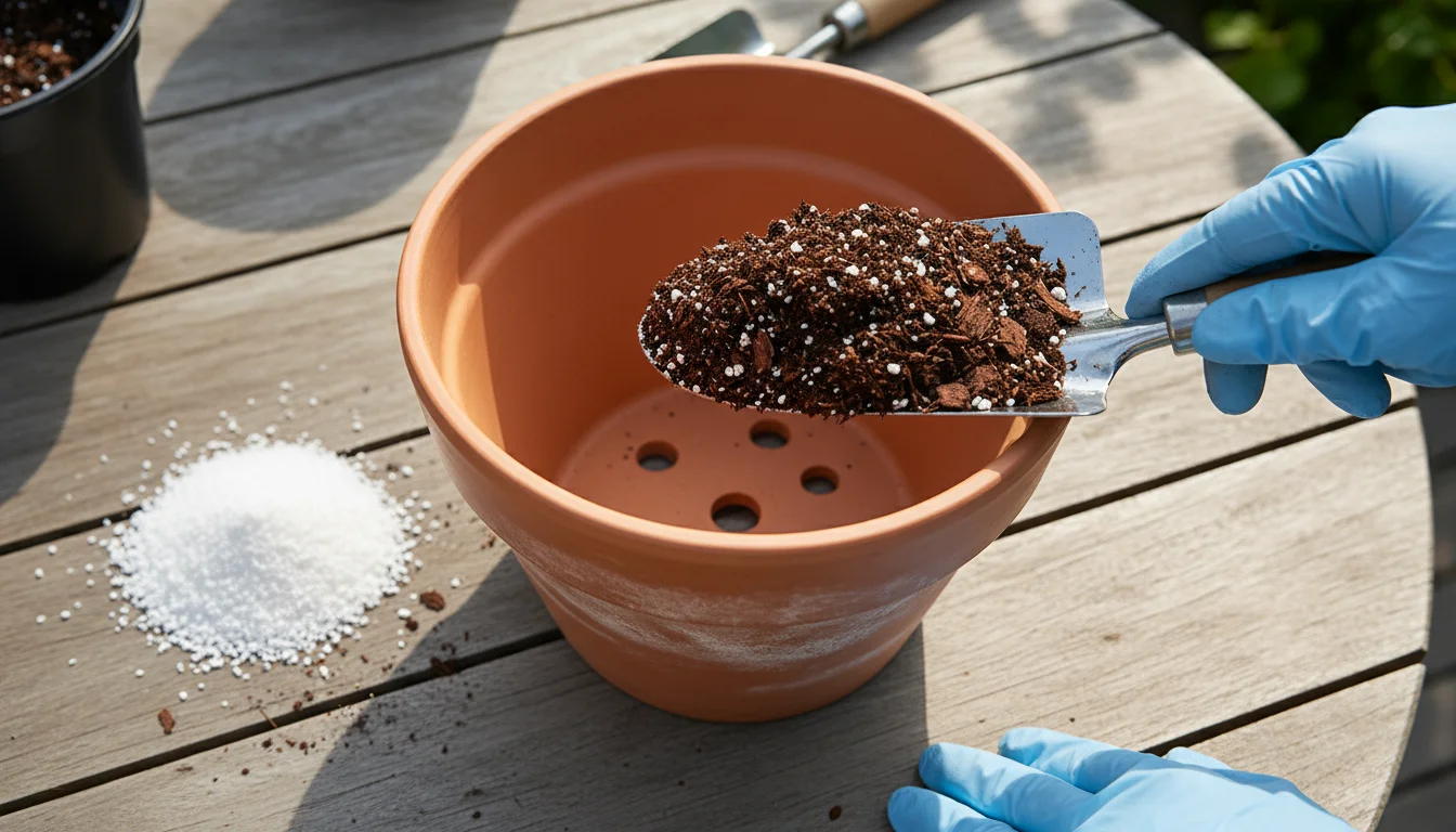 Overhead view of a terracotta pot with prominent drainage holes, alongside separate piles of horticultural grit and chunky potting mix on a wooden tab