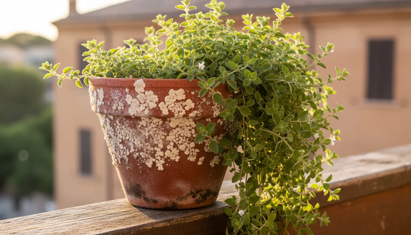 Terracotta pot with prominent white mineral buildup on its side and rim, holding a healthy green oregano plant on a wooden balcony railing.
