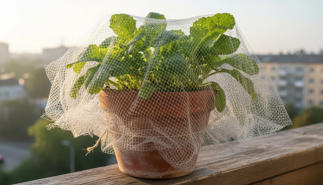 A terracotta pot of radish plants with some leaves showing small pest holes, covered by a fine-mesh row cover on a balcony railing.