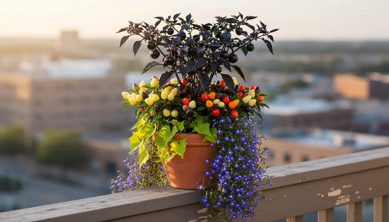 A terracotta pot on a rustic balcony railing showcasing a fall plant arrangement with a tall 'Black Pearl' pepper, colorful 'Prairie Fire' peppers, pu