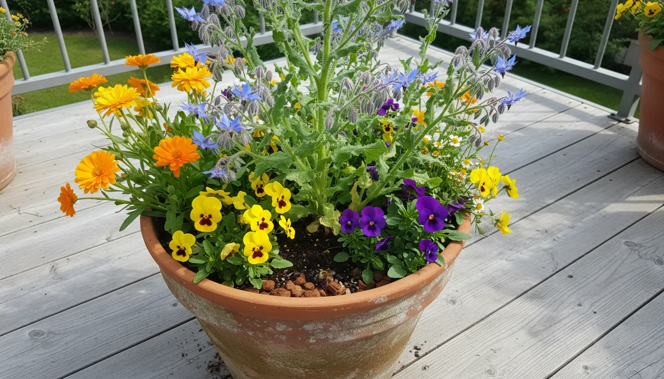 A terracotta pot showcasing the 'thriller, filler, spiller' planting method with central borage, pansies/calendula fillers, and a trailing plant.