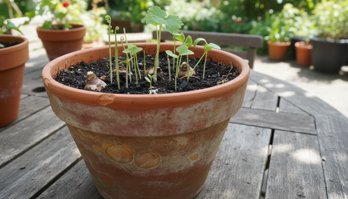 A terracotta pot sits on a wooden patio table, filled with dark soil from which a variety of green shoots, some delicate, others robust, are just begi